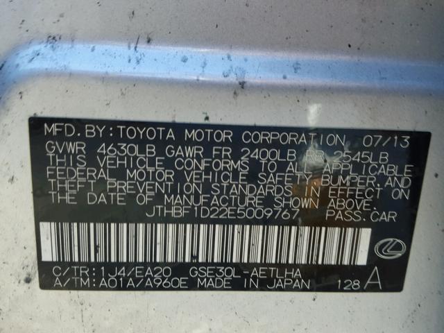 JTHBF1D22E5009767 - 2014 LEXUS IS 250 SILVER photo 10