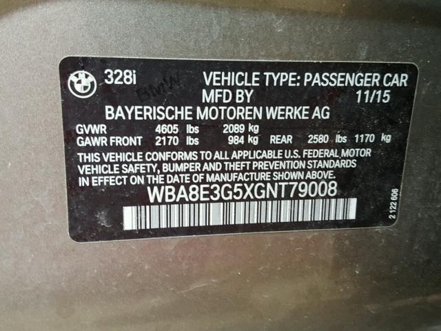 WBA8E3G5XGNT79008 - 2016 BMW 328 XI SUL GRAY photo 10