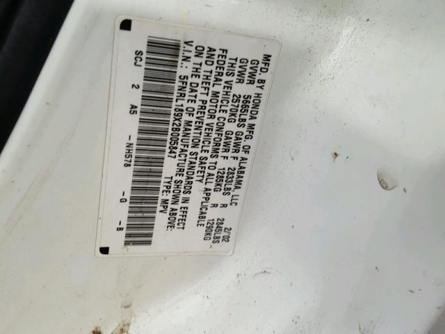 5FNRL189X2B005847 - 2002 HONDA ODYSSEY EX WHITE photo 10