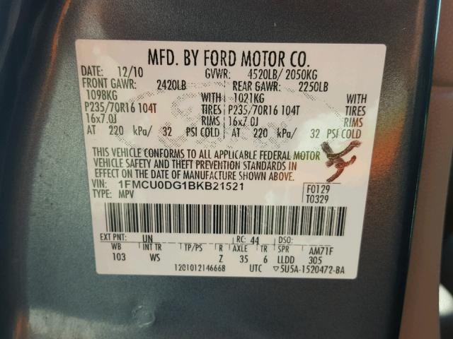 1FMCU0DG1BKB21521 - 2011 FORD ESCAPE XLT BLUE photo 10