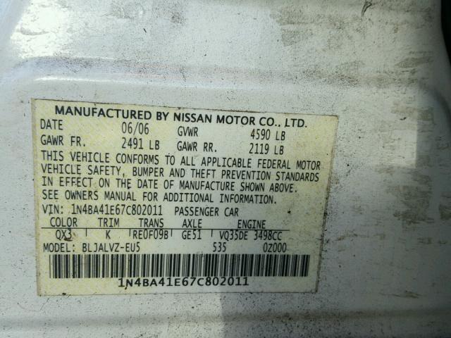 1N4BA41E67C802011 - 2007 NISSAN MAXIMA SE WHITE photo 10