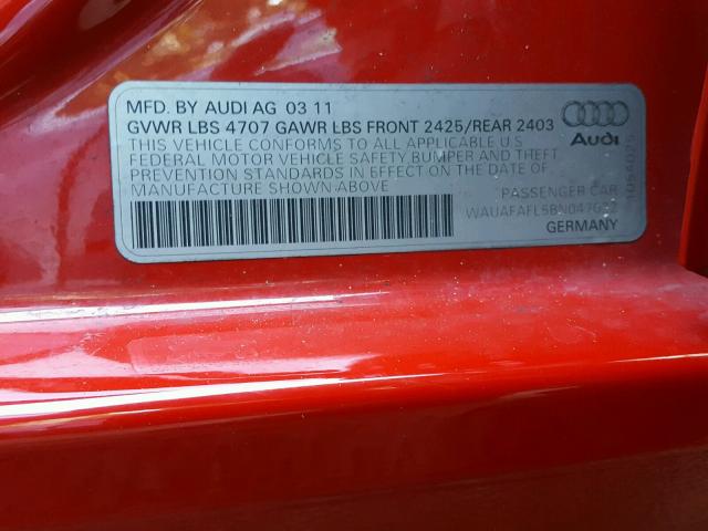 WAUAFAFL5BN047022 - 2011 AUDI A4 PREMIUM RED photo 10