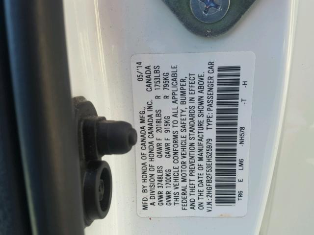 2HGFB2F53EH525979 - 2014 HONDA CIVIC LX WHITE photo 10