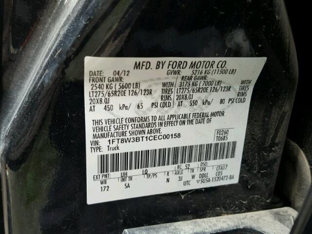 1FT8W3BT1CEC00158 - 2012 FORD F350 SUPER BLACK photo 10