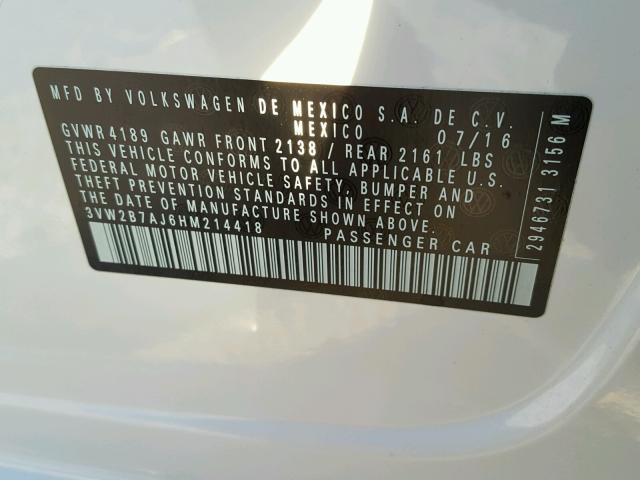 3VW2B7AJ6HM214418 - 2017 VOLKSWAGEN JETTA S 白色 照片 10