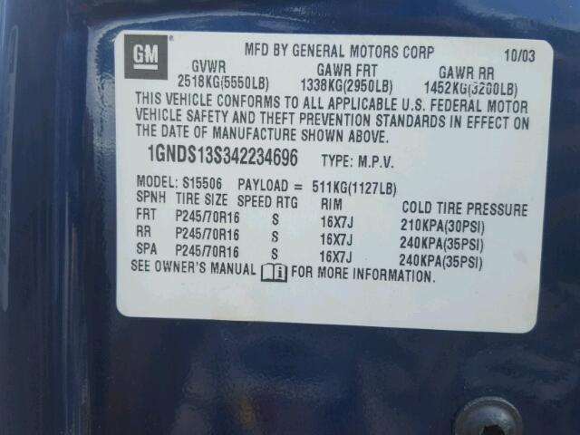 1GNDS13S342234696 - 2004 CHEVROLET TRAILBLAZE BLUE photo 10