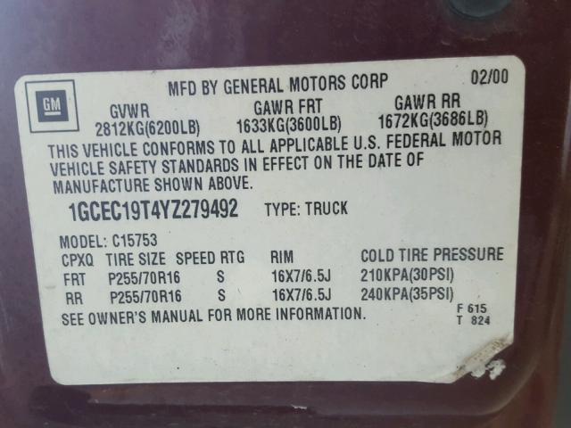 1GCEC19T4YZ279492 - 2000 CHEVROLET SILVERADO MAROON photo 10