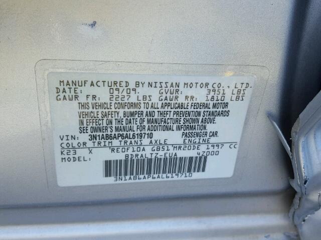 3N1AB6AP6AL619710 - 2010 NISSAN SENTRA SILVER photo 10