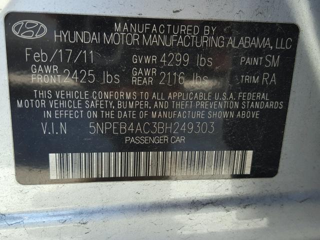 5NPEB4AC3BH249303 - 2011 HYUNDAI SONATA GLS SILVER photo 10