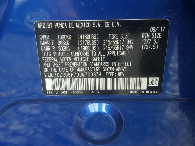 3CZRU6H70JM700934 - 2018 HONDA HR-V EXL BLUE photo 10