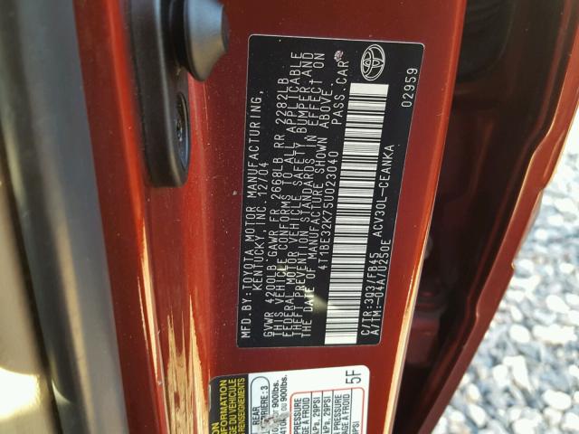 4T1BE32K75U023040 - 2005 TOYOTA CAMRY LE MAROON photo 10