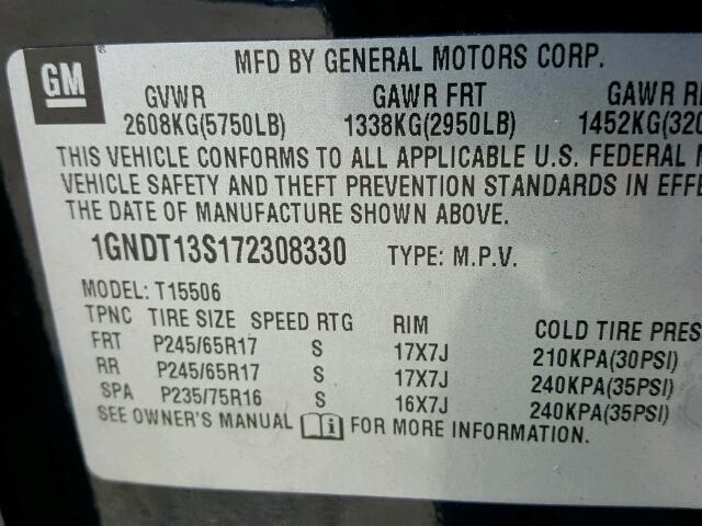 1GNDT13S172308330 - 2007 CHEVROLET TRAILBLAZE BLACK photo 10