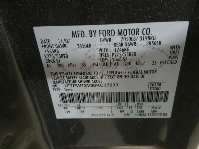 1FTPW12V98KC37033 - 2008 FORD F150 SUPER CHARCOAL photo 10