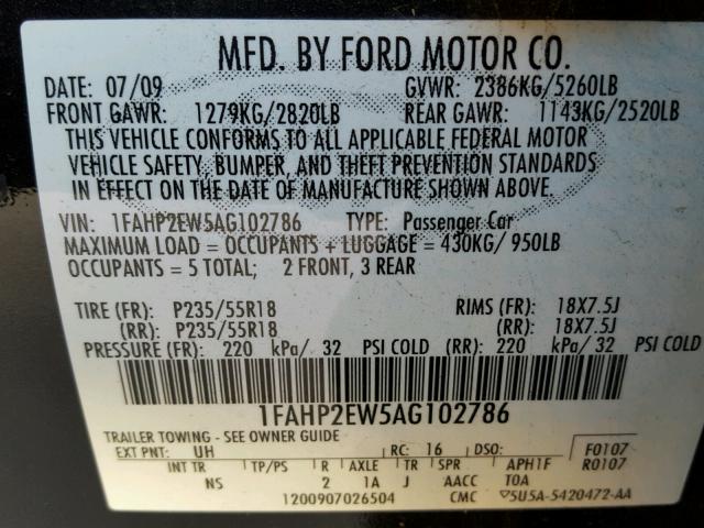 1FAHP2EW5AG102786 - 2010 FORD TAURUS SEL BLACK photo 10