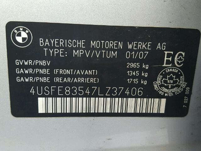 4USFE83547LZ37406 - 2007 BMW X5 4.8I SILVER photo 10