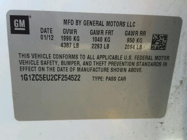 1G1ZC5EU2CF254522 - 2012 CHEVROLET MALIBU 1LT 白色 照片 10