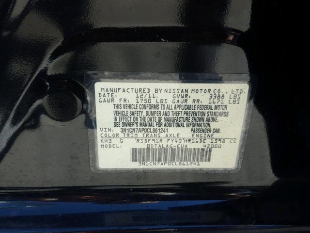 3N1CN7AP0CL861241 - 2012 NISSAN VERSA S BLACK photo 10