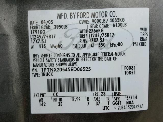 1FTNX20545ED06525 - 2005 FORD F250 GRAY photo 10