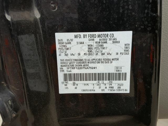 1FTRF12207NA75241 - 2007 FORD F150 BLACK photo 10