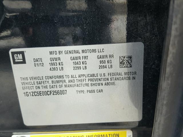 1G1ZC5E00CF256007 - 2012 CHEVROLET MALIBU 1LT BLACK photo 10