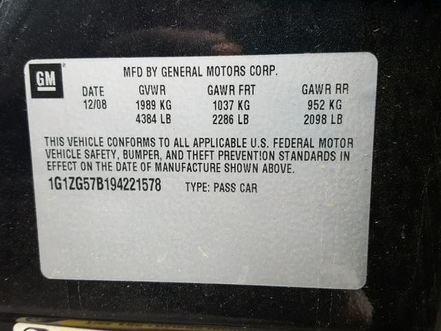 1G1ZG57B194221578 - 2009 CHEVROLET MALIBU LS შავი ფოტო 10