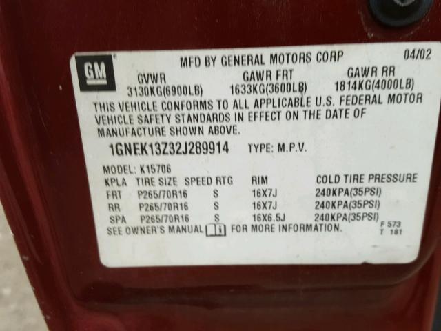 1GNEK13Z32J289914 - 2002 CHEVROLET TAHOE K150 RED photo 10