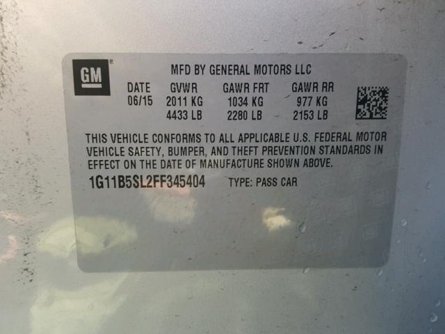 1G11B5SL2FF345404 - 2015 CHEVROLET MALIBU LS ვერცხლისფერი ფოტო 10