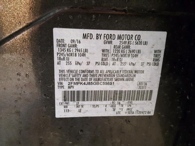 2FMPK4J85GBC55851 - 2016 FORD EDGE SEL CHARCOAL photo 10