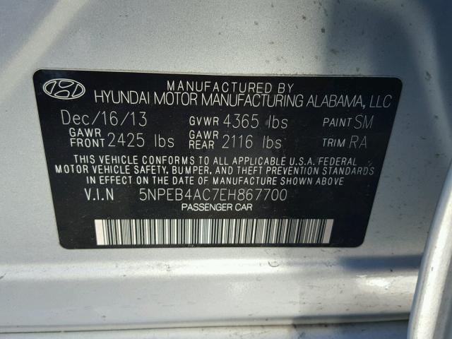 5NPEB4AC7EH867700 - 2014 HYUNDAI SONATA GLS SILVER photo 10