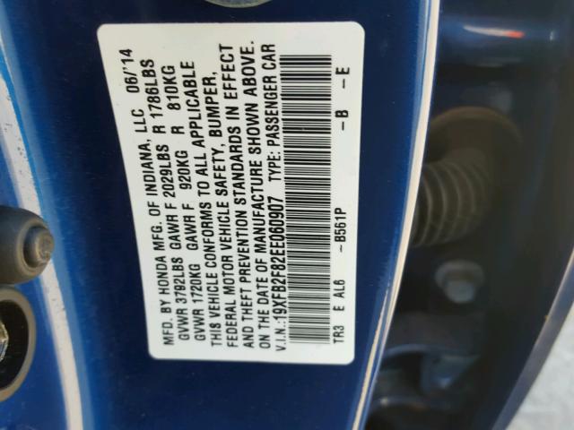 19XFB2F82EE060907 - 2014 HONDA CIVIC EX BLUE photo 10