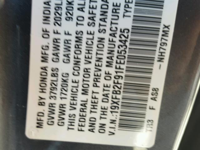 19XFB2F91FE053425 - 2015 HONDA CIVIC EXL GRAY photo 10