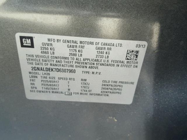 2GNALDEK7D6307960 - 2013 CHEVROLET EQUINOX LT GRAY photo 10