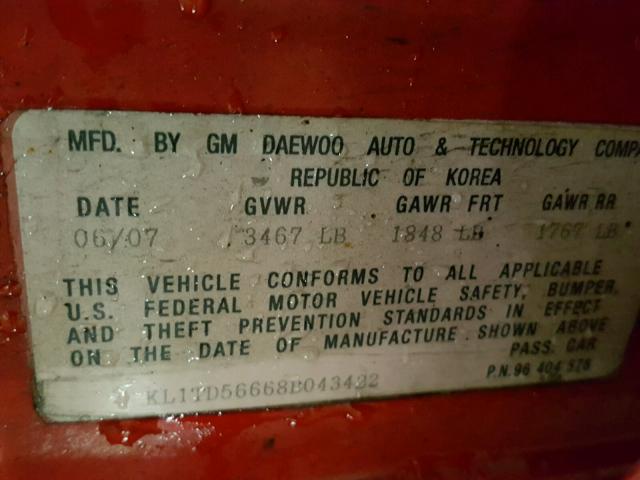 KL1TD56668B043422 - 2008 CHEVROLET AVEO BASE წითელი ფოტო 10