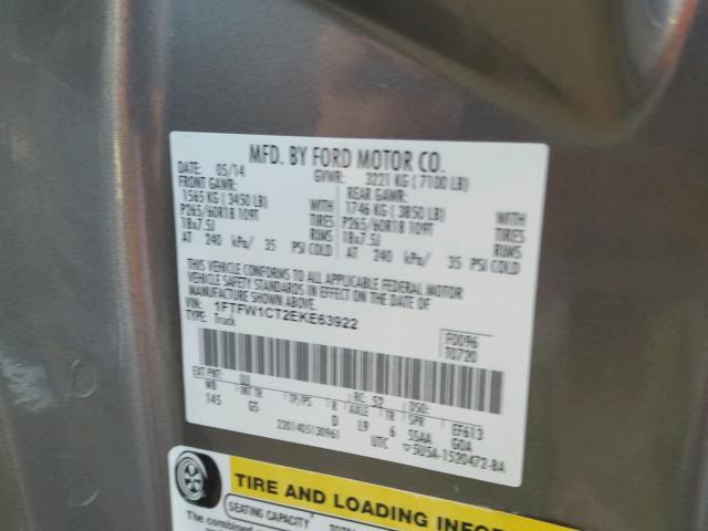 1FTFW1CT2EKE63922 - 2014 FORD F150 SUPER GRAY photo 10