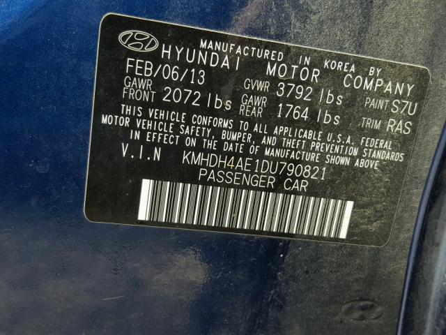 KMHDH4AE1DU790821 - 2013 HYUNDAI ELANTRA GL BLUE photo 10