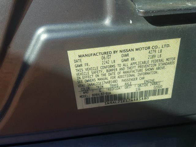 1N4AL21E17N485480 - 2007 NISSAN ALTIMA 2.5 GRAY photo 10