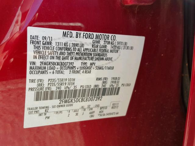 2FMGK5DC8CBD07392 - 2012 FORD FLEX LIMIT RED photo 10