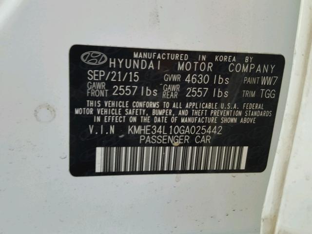 KMHE34L10GA025442 - 2016 HYUNDAI SONATA HYB WHITE photo 10