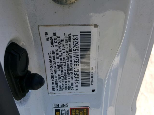 2HGFG1B92AH526281 - 2010 HONDA CIVIC WHITE photo 10