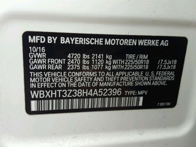 WBXHT3Z38H4A52396 - 2017 BMW X1 XDRIVE2 WHITE photo 10