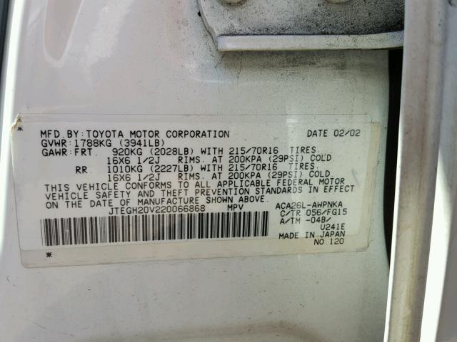 JTEGH20V220066868 - 2002 TOYOTA RAV4 WHITE photo 10