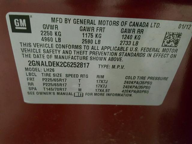 2GNALDEK2C6252817 - 2012 CHEVROLET EQUINOX LT RED photo 10