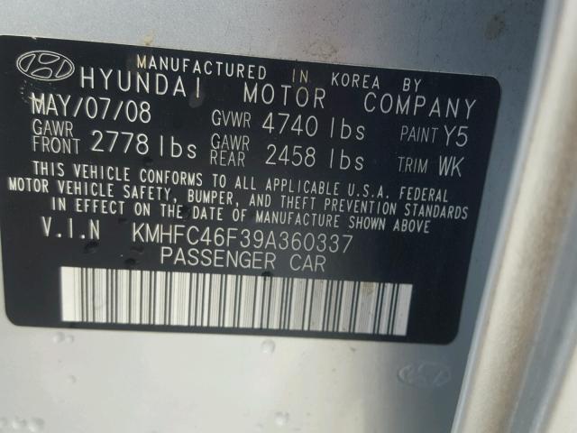 KMHFC46F39A360337 - 2009 HYUNDAI AZERA SE SILVER photo 10