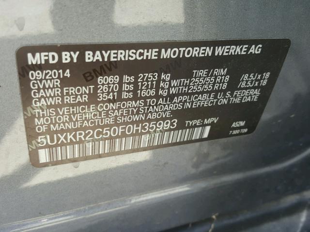 5UXKR2C50F0H35993 - 2015 BMW X5 SDRIVE3 GRAY photo 10