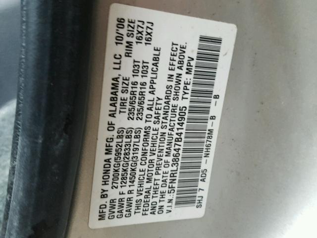 5FNRL38647B414905 - 2007 HONDA ODYSSEY SILVER photo 10