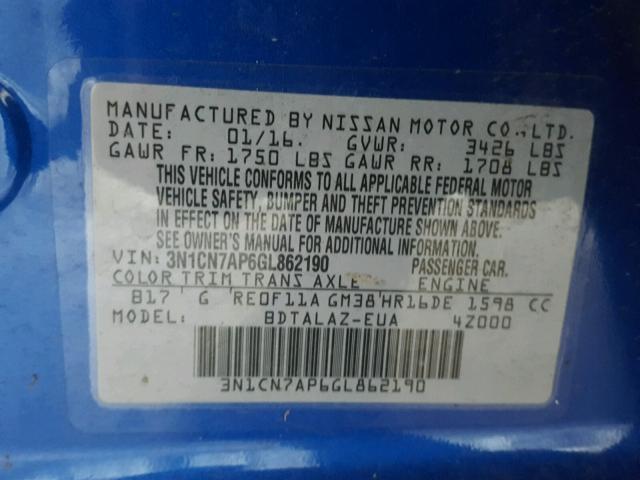 3N1CN7AP6GL862190 - 2016 NISSAN VERSA BLUE photo 10