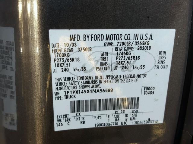 1FTPX145X4NA56588 - 2004 FORD F150 GRAY photo 10