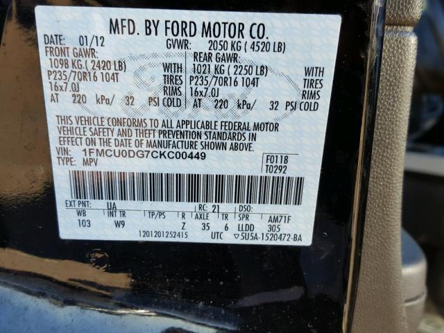 1FMCU0DG7CKC00449 - 2012 FORD ESCAPE BLACK photo 10