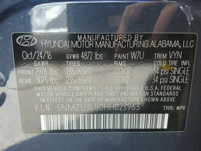 5NMZU3LB0HH023963 - 2017 HYUNDAI SANTA FE S 灰色 照片 10