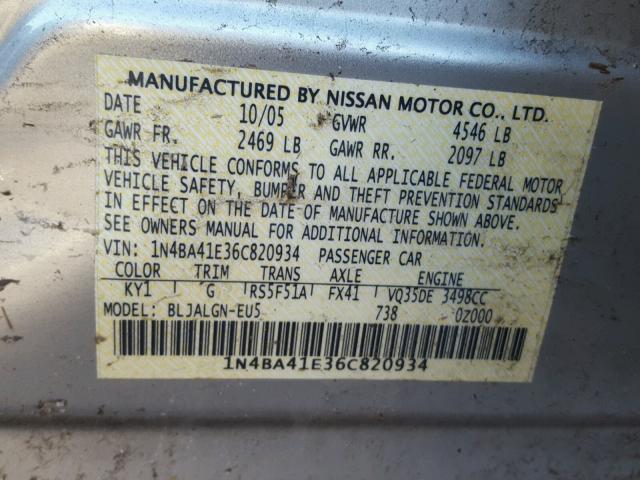 1N4BA41E36C820934 - 2006 NISSAN MAXIMA SE SILVER photo 10